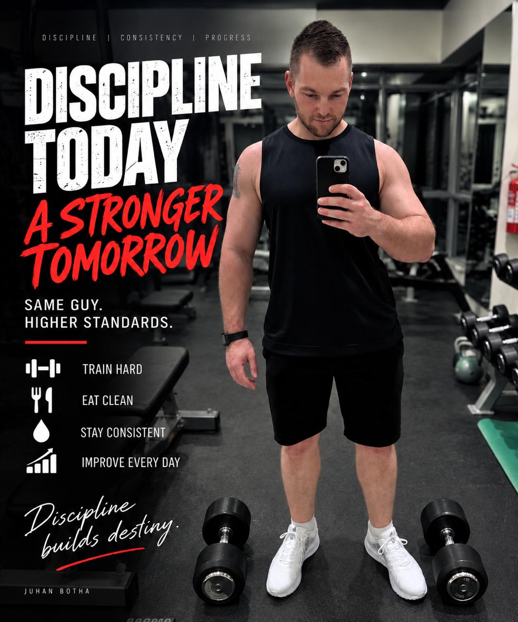 Juhan Botha in the gym with the message Discipline Today, A Stronger Tomorrow